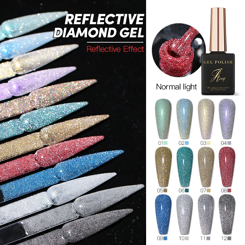 New Summer 12 Colors Diamond Powder Glitter Nail Polish Reflective Gel Soak Off UV Gel Sequin Disco Flash Phototherapy Glue
