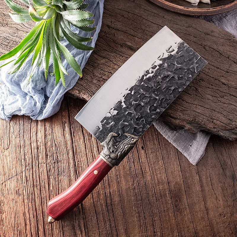 Butcher Knife Bone Chopping Slaughter 7 Inch Carbon Steel Meat Cleaver Knives Hand Forge Wooden Dragon Riot Handle