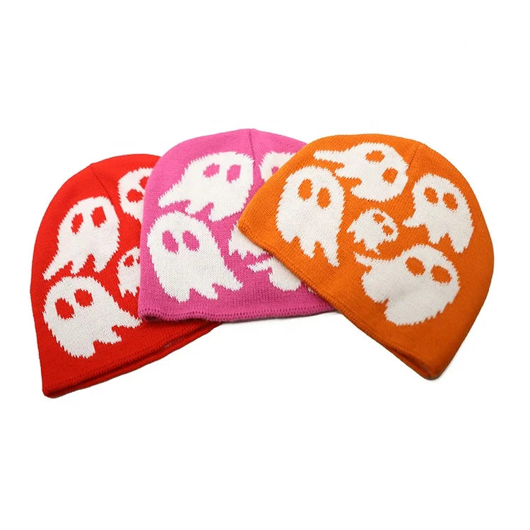 Halloween Beanie Skull Hat Ghost Slouchy Beanie No Cuff Jacquard toque for Men Women Warm Winter Knit Beanie Gift
