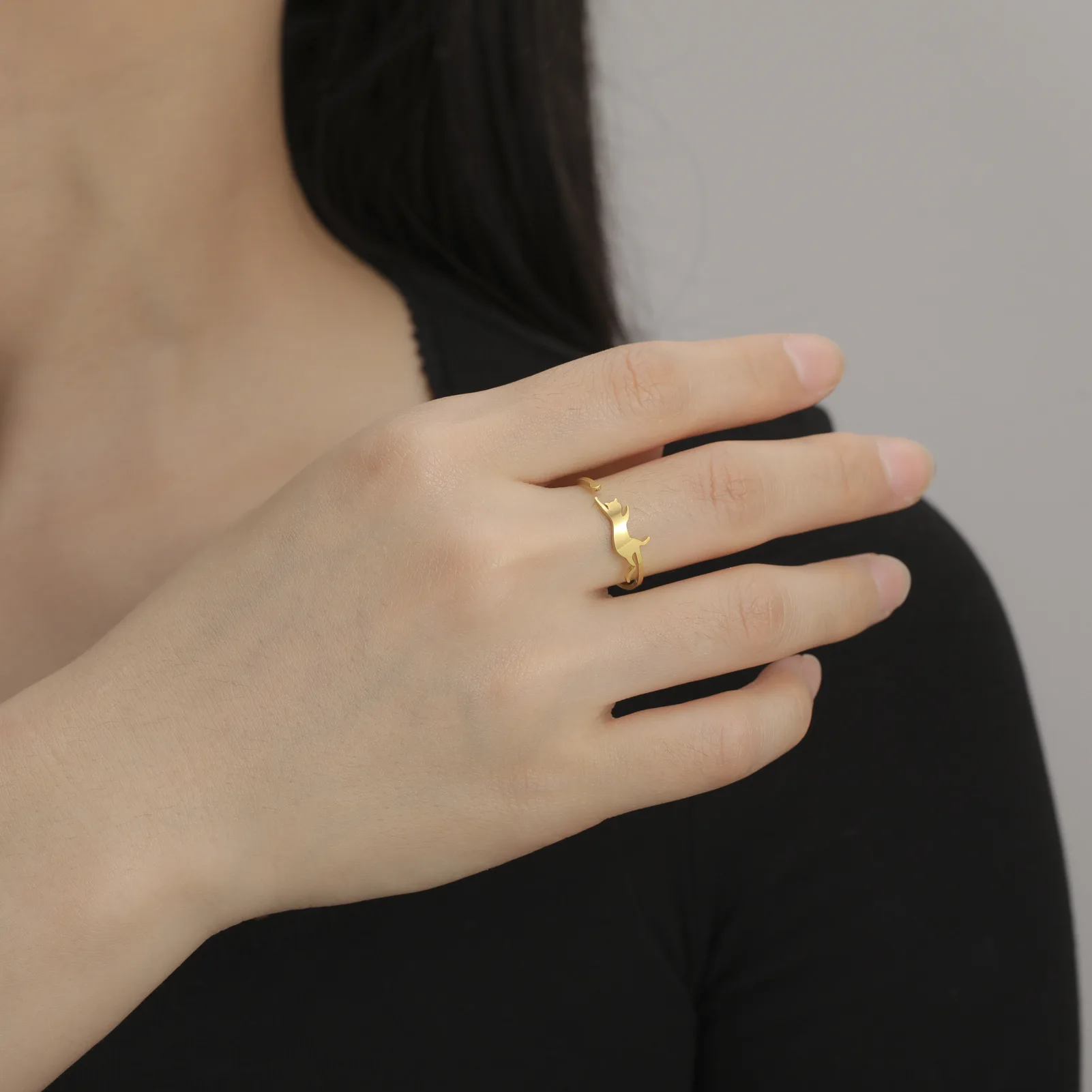 2024 Wholesale Hot simple cute cut Animal ring gold stainless steel cat adjustable fine ring for girls