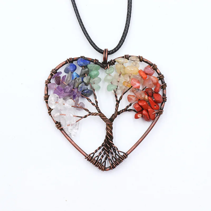 Antique Bronze Plated Wire Wrap Chip Tree Of Life 7 Chakras Crystal Stone Healing Crystals Pendant for necklace Amethyst