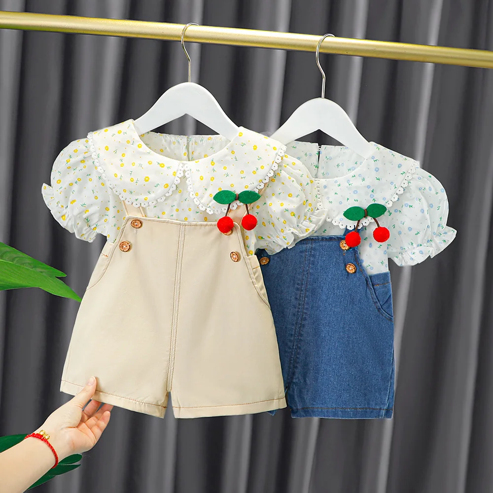 Springway Wholesale fashion doll collar t-shirt cute suspender shorts 1~3 years kids clothes sets baby girl 2 Piece Set
