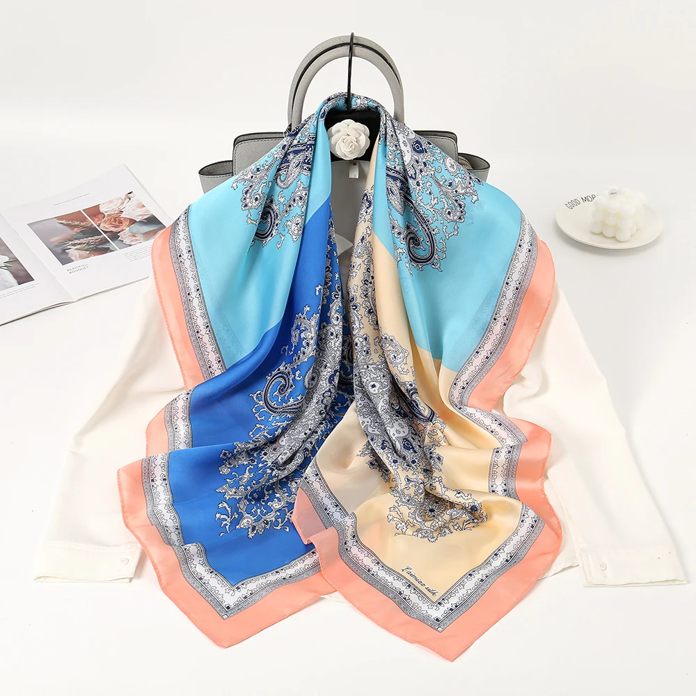 New Arrival 110*110cm Summer Hairband Bandana Floral Cashew Square Printed Hijab Women Satin Silk Scarf