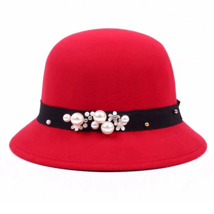 Wholesale New Autumn Woolen Fashion Elegant Sun Shade Spring And Autumn Pearl Ladies Pot Mom Wool Fedora Hat