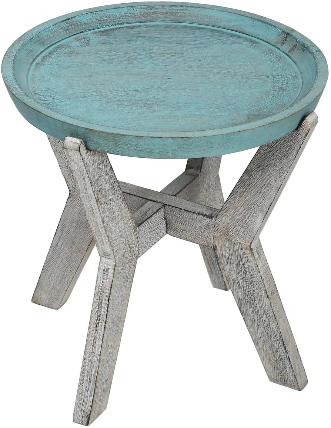 
Serving Table Wood Side end Round Blue Rustic Wooden Tray Collapsible Distressed 