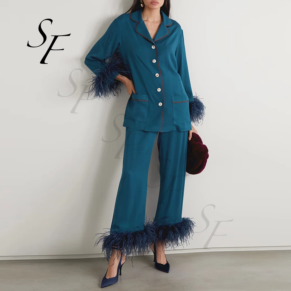 Custom 2 piece set long shirt and pants Pyjamas Set Cotton Ostrich Feather Sleepwear Women Pajamas