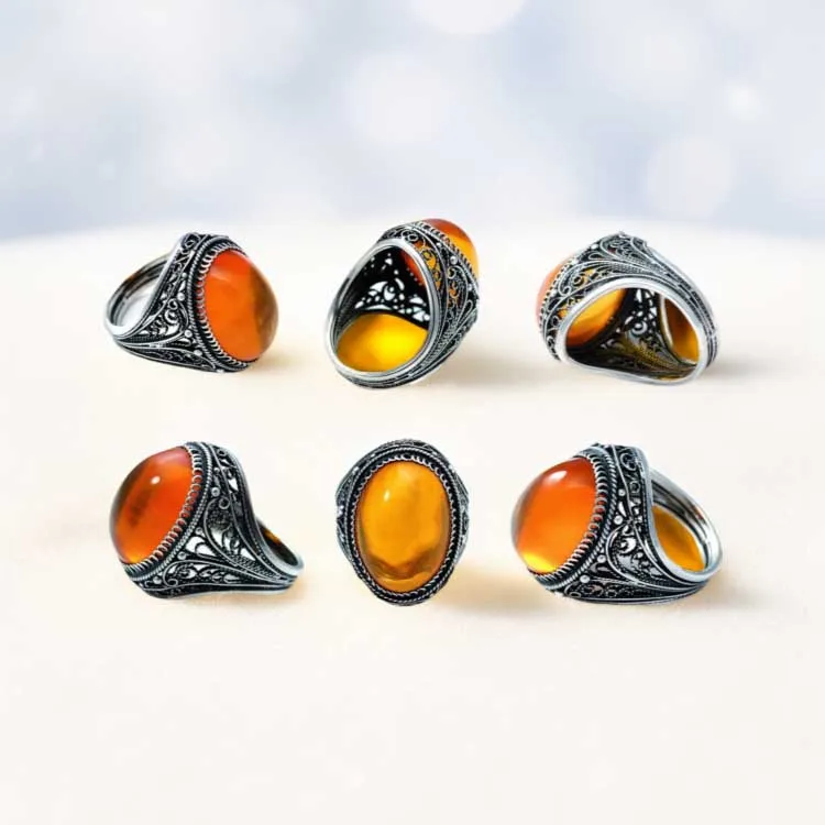 New Custom Trendy Retro Hipster Male Amber Oval Natural Stone Personality Punk Ring Designs For Men Jewelry