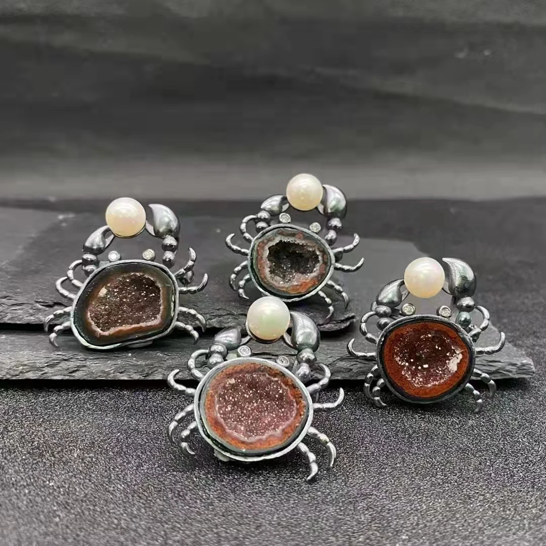 Vintage Crab Shape Pearl Women Rhinestone Original Agate Slice Crystal Pin Brooches