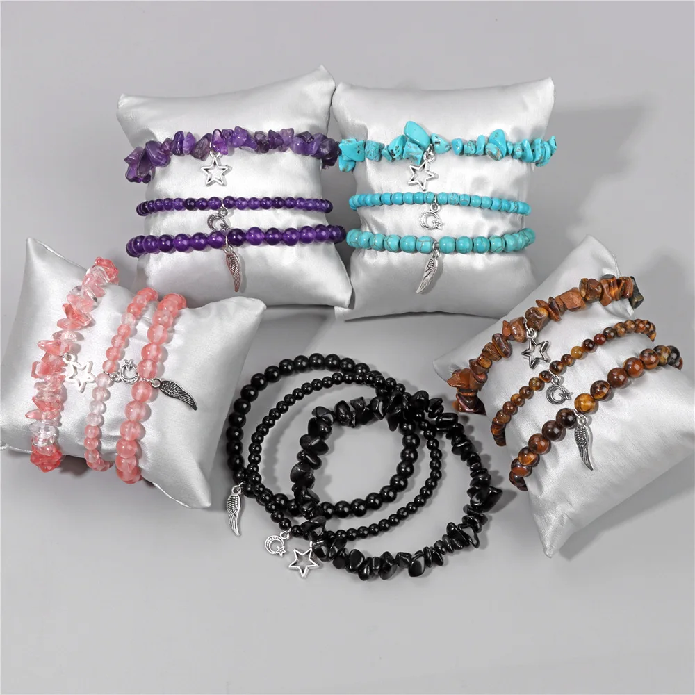 3PCS a Set Natural Stone Bracelet Set for Women Fine Jewelry Star Leaf Charm Pendant Multilayer Elastic Healing Beaded Bracelets