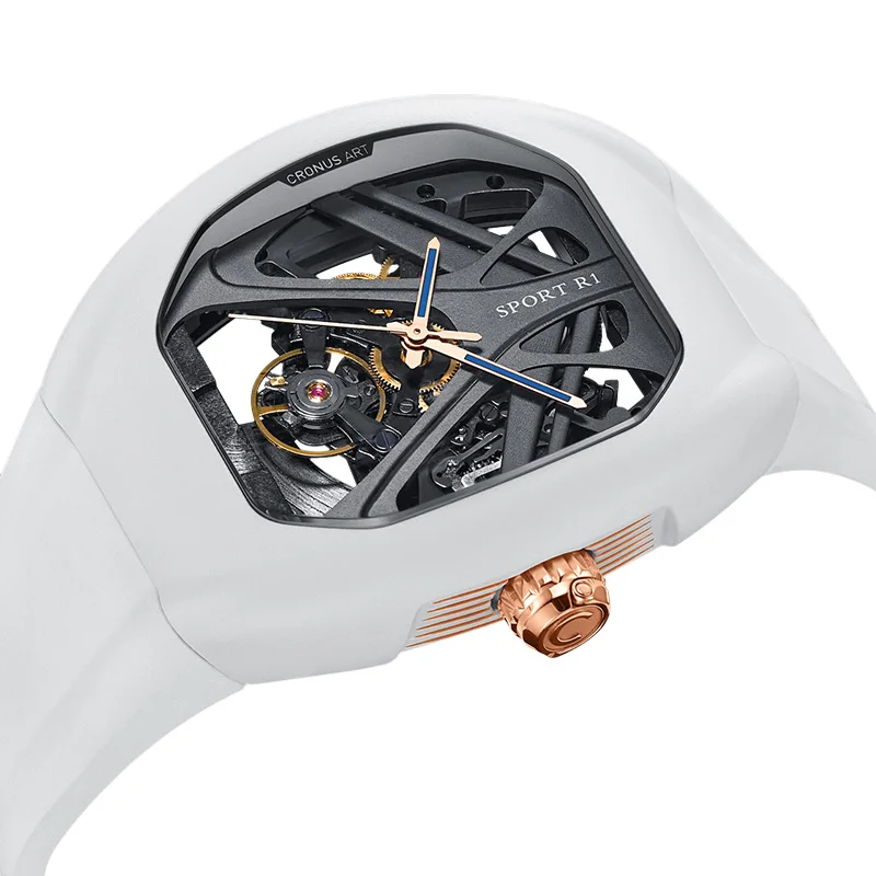 white Automotive Design Style streamline 365l steel case Double sided sapphire mirror Luxury mechanical watch With  rubber strap