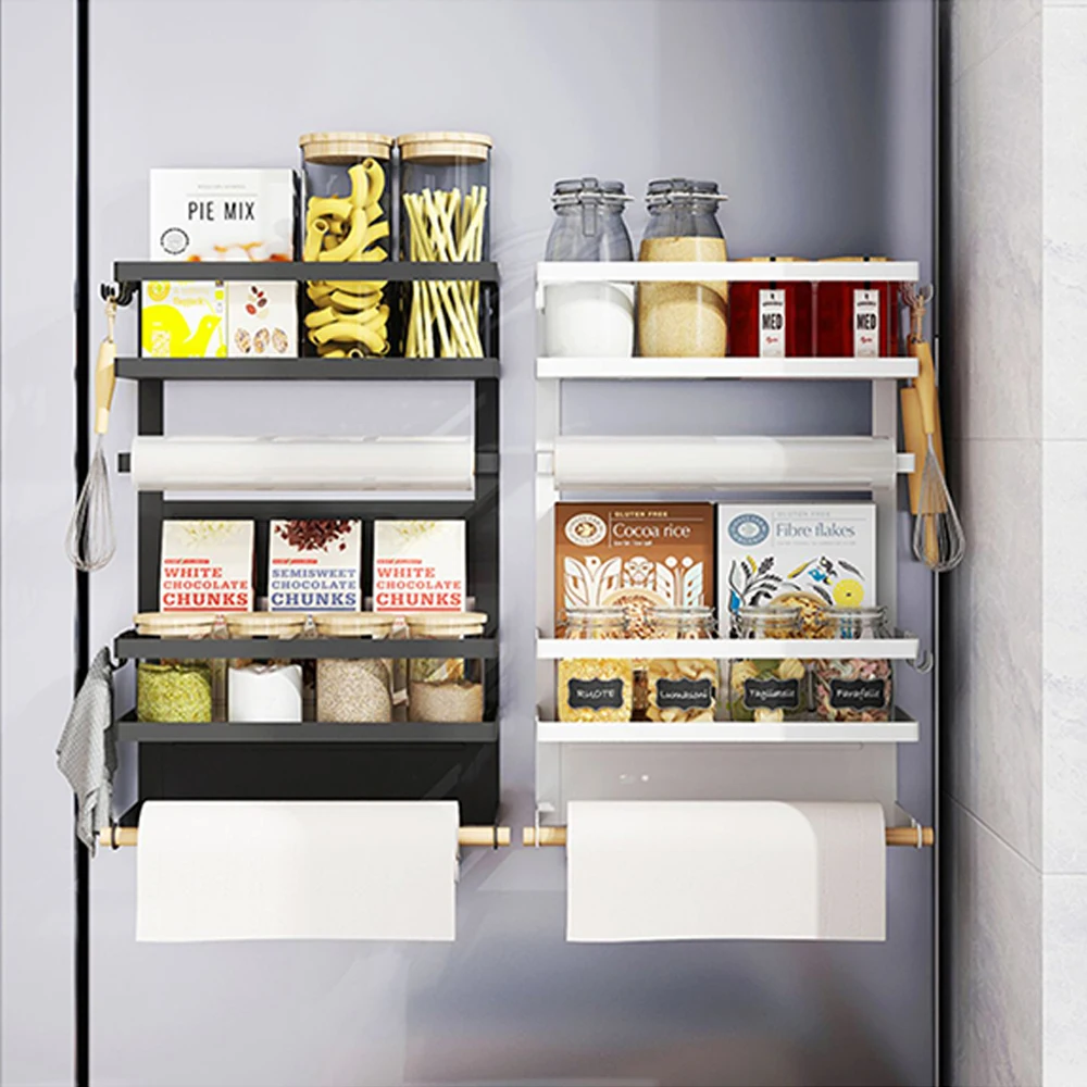 2023 Kitchen Carbon Steel Wall Mounted Spice Shelf Display Hole-free Fresh Film Bag Storage Rack Refrigerator Drink Organizer