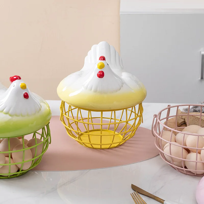 Easter kitchen decoration Wholesale various kinds of ceramic hen chicken shaped egg empty basket with metal storage holder