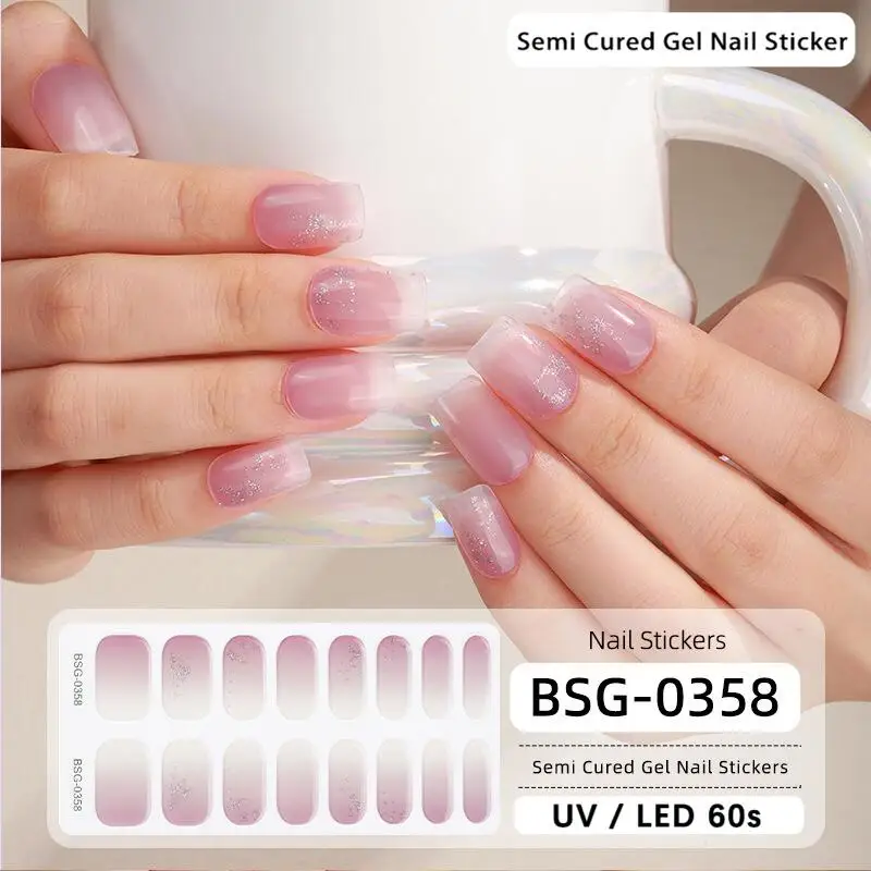 Real nail polish plastic strip stickers semi cured framing uv Lamp nail art sticker glitter gel sticker machine made OEM ODM
