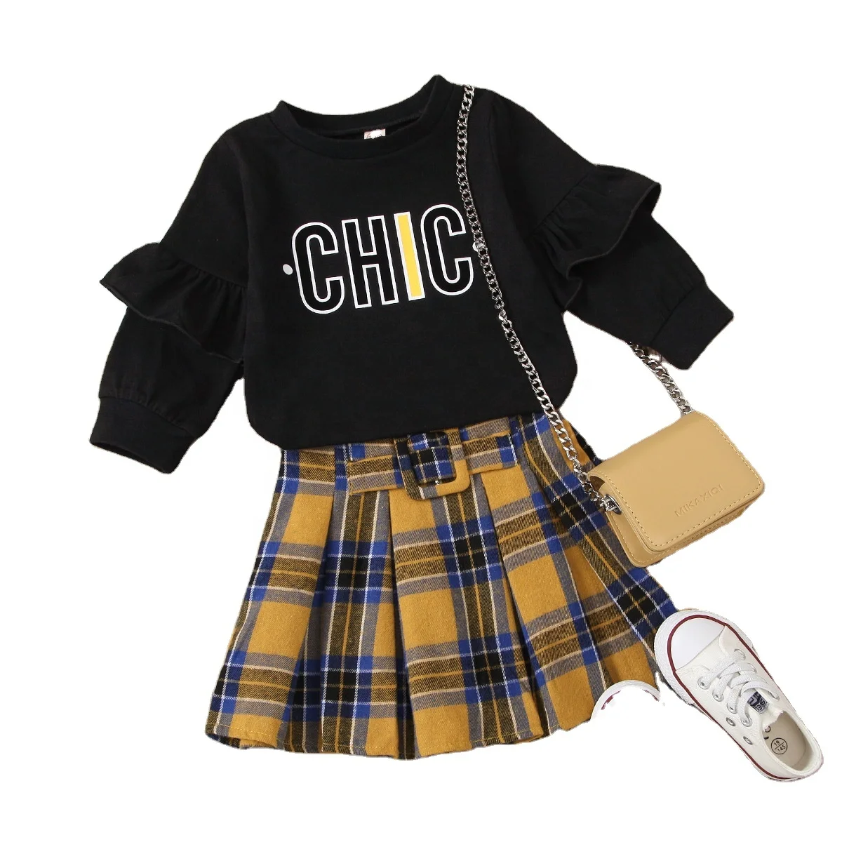 
PANSEE OEM 2020 Autumn Girls Round Neck Stitching Long Sleeve Letter Print Pullover Plaid Short Skirt Kid Girl Clothes Set 