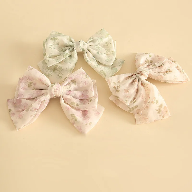 Factory Direct Sale New Design Flower Printing Fabric Bow Hair Clip Fresh Style Large Bow Barrette for Girls Decorative Hairpin