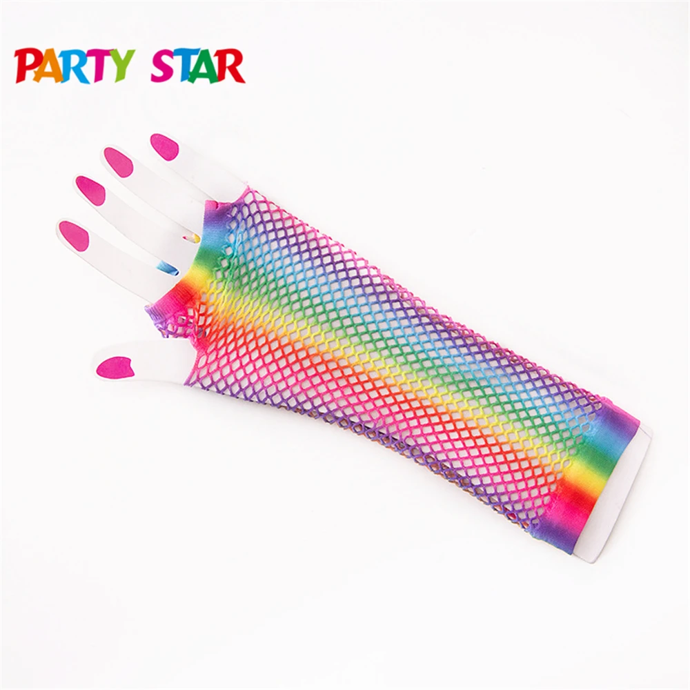 Disco Dance Costume Rainbow Fishnet Fingerless Colorful Fishnet Gloves For Women
