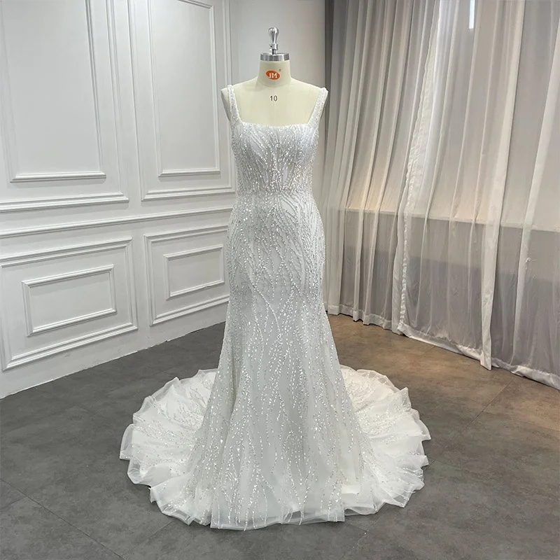 Factory Bridal Glitter Sequins Luxury Gown Vestido De Novia Heavily Beaded Lace Mermaid Wedding Dresses with Detachable Train