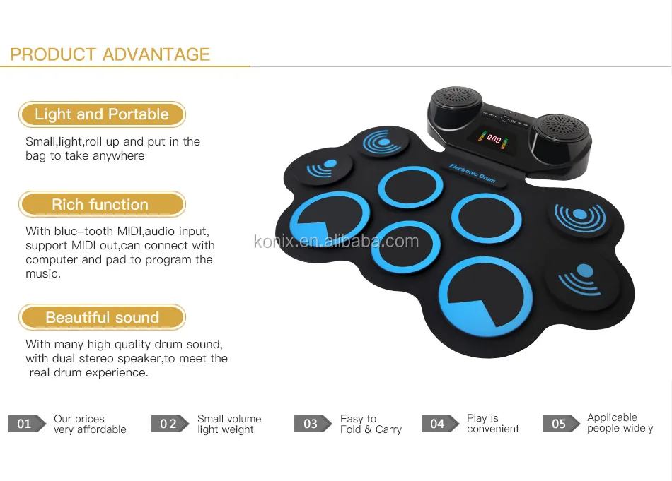 CN factory hot sell  Professional devil fish special silicon pad Two big speaker roll up drum kit digital drum set with battery