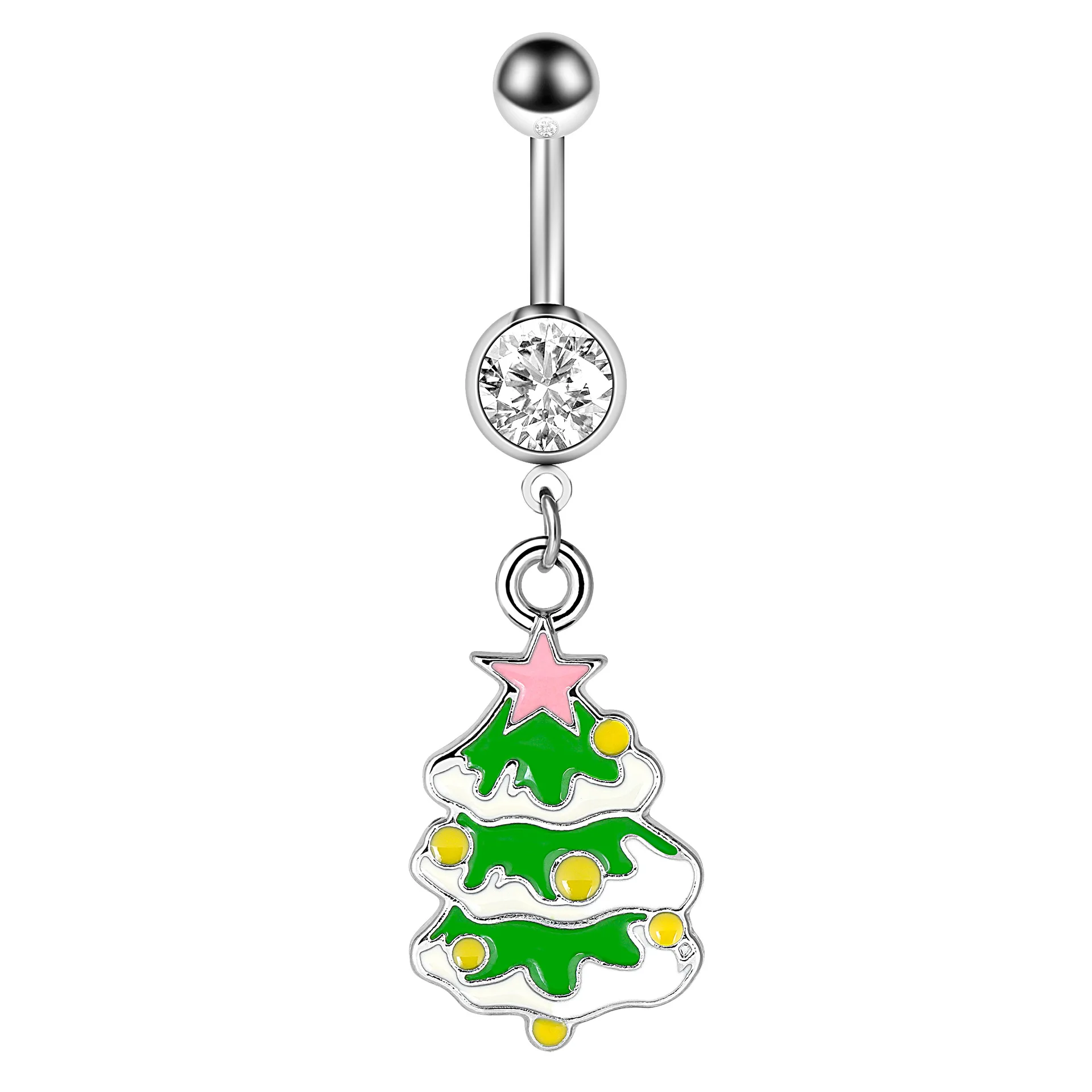 Custom Women Sexy 14G Crystal 316L Surgical Steel Snowman Christmas Tree Dangle Navel Ring