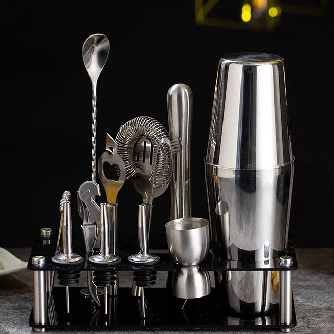 Bartender Kit Barware Cocktail Professional Stainless Steel Bar Tools Kit Shaker Set With Stand