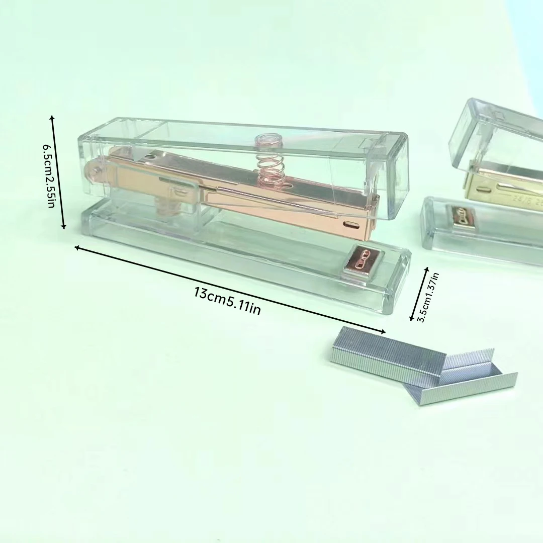 Office desktop fancy gift new design full strip decorative transparent luxury clear plastic cover rose gold stapler