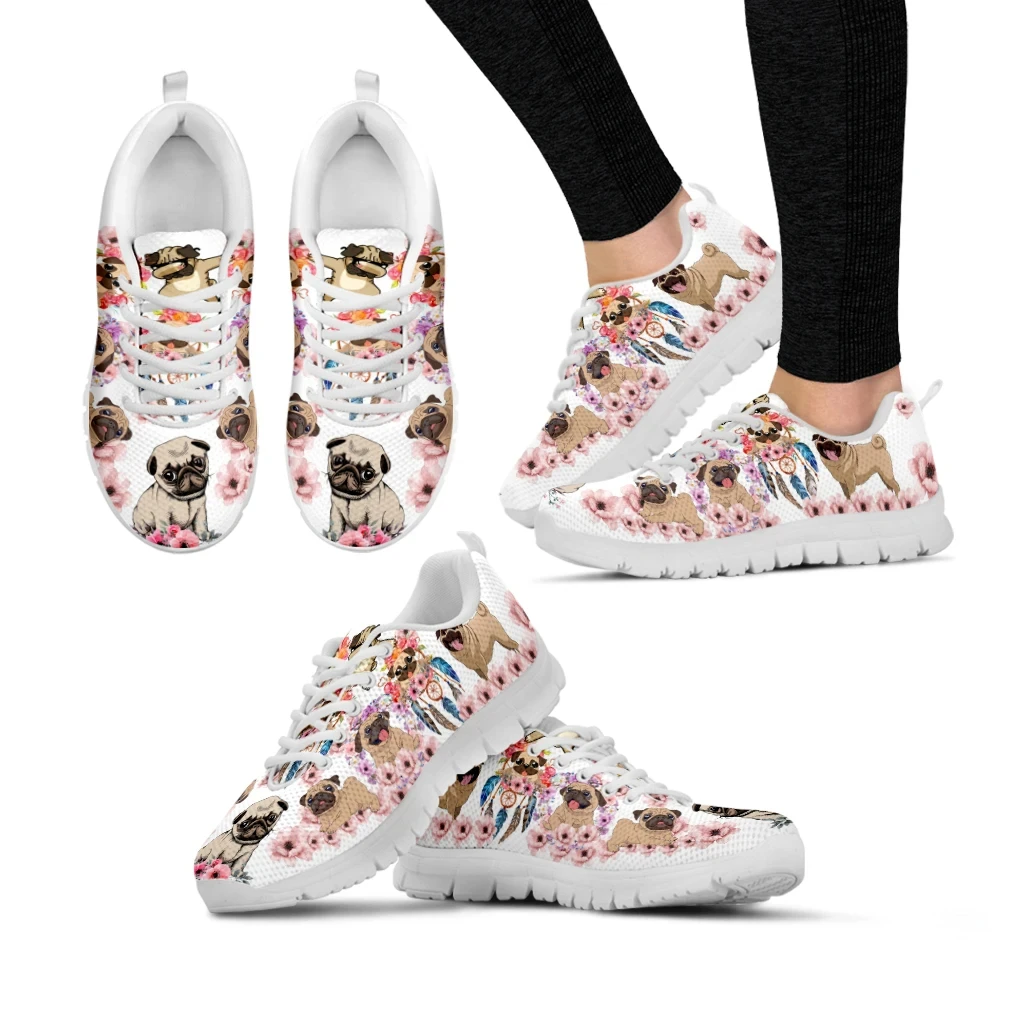 Factory Direct Sales Kawaii Pug Flower Print Running Sneakers Lace up Flat Shoes Summer Spring Comfort Walking Shoes Custom Logo