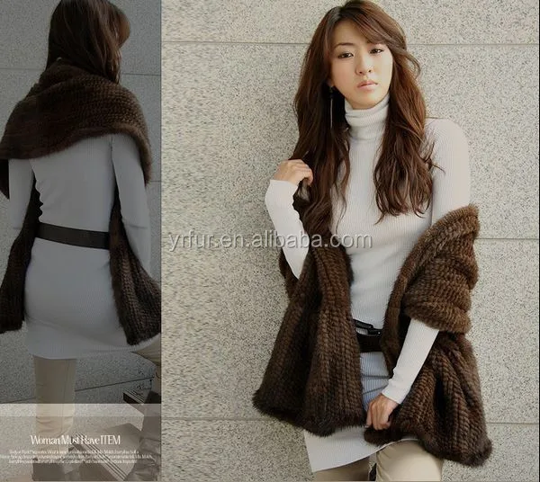YR101 Lady High end Shawl Women Elegant Hand knitted Genuine Mink Fur Cape