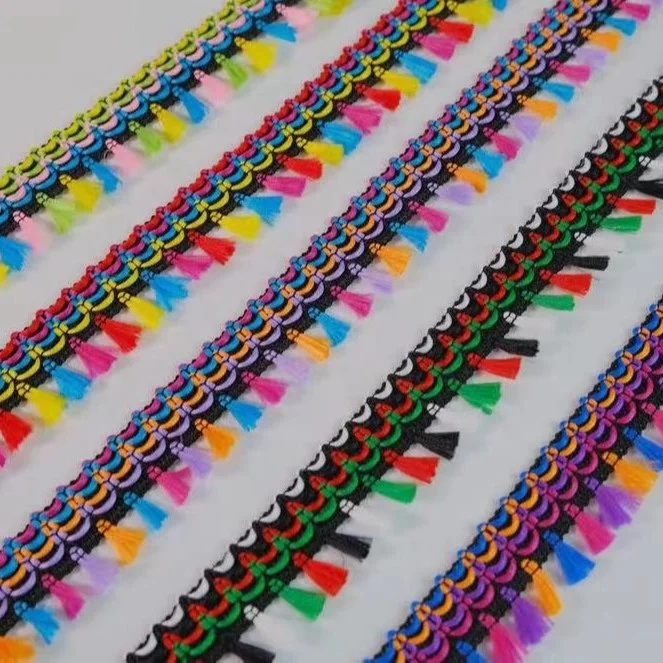 In stock 3cm rainbow polyester fringe tassel pom pom  lace tape ribbon trim for textiles, carpets flag, curtains, clothes