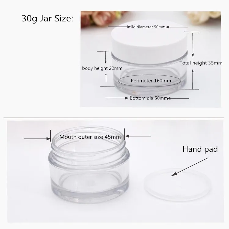 30g 50g 100g PET cosmetics empty thickened cream clear jar with white cap