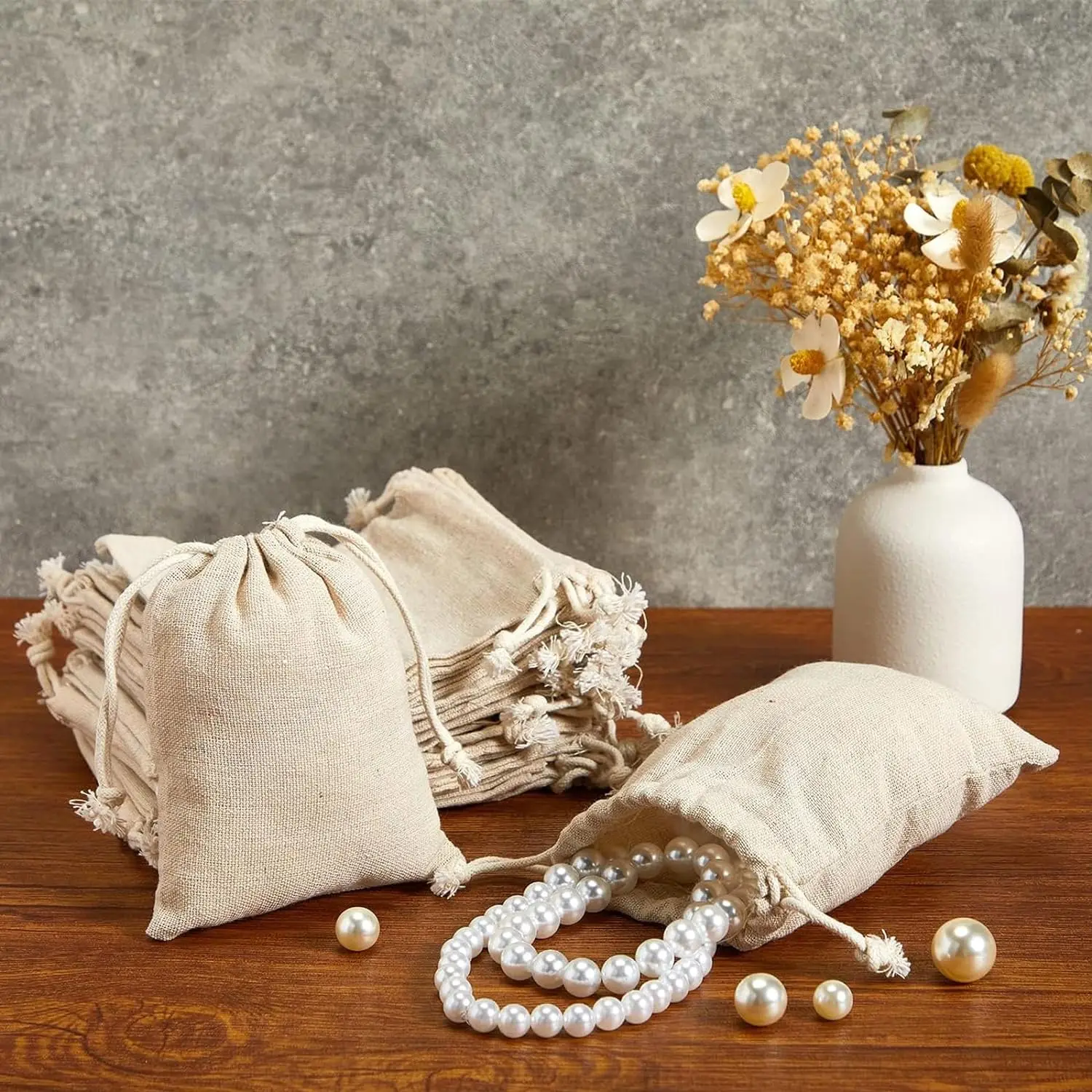 Wholesale Custom Logo 100% Organic Cotton Muslin Bag Necklace Jewelry Gift Drawstring Pouch Festival Muslin Dust Bag