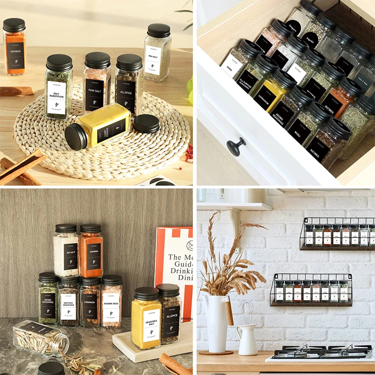 Wholesale 120ml 4oz 24pcs Square Shaker Lids Glass Seasoning Spice Bottle Jar Containers Set with Black Aluminum Lid and Labels