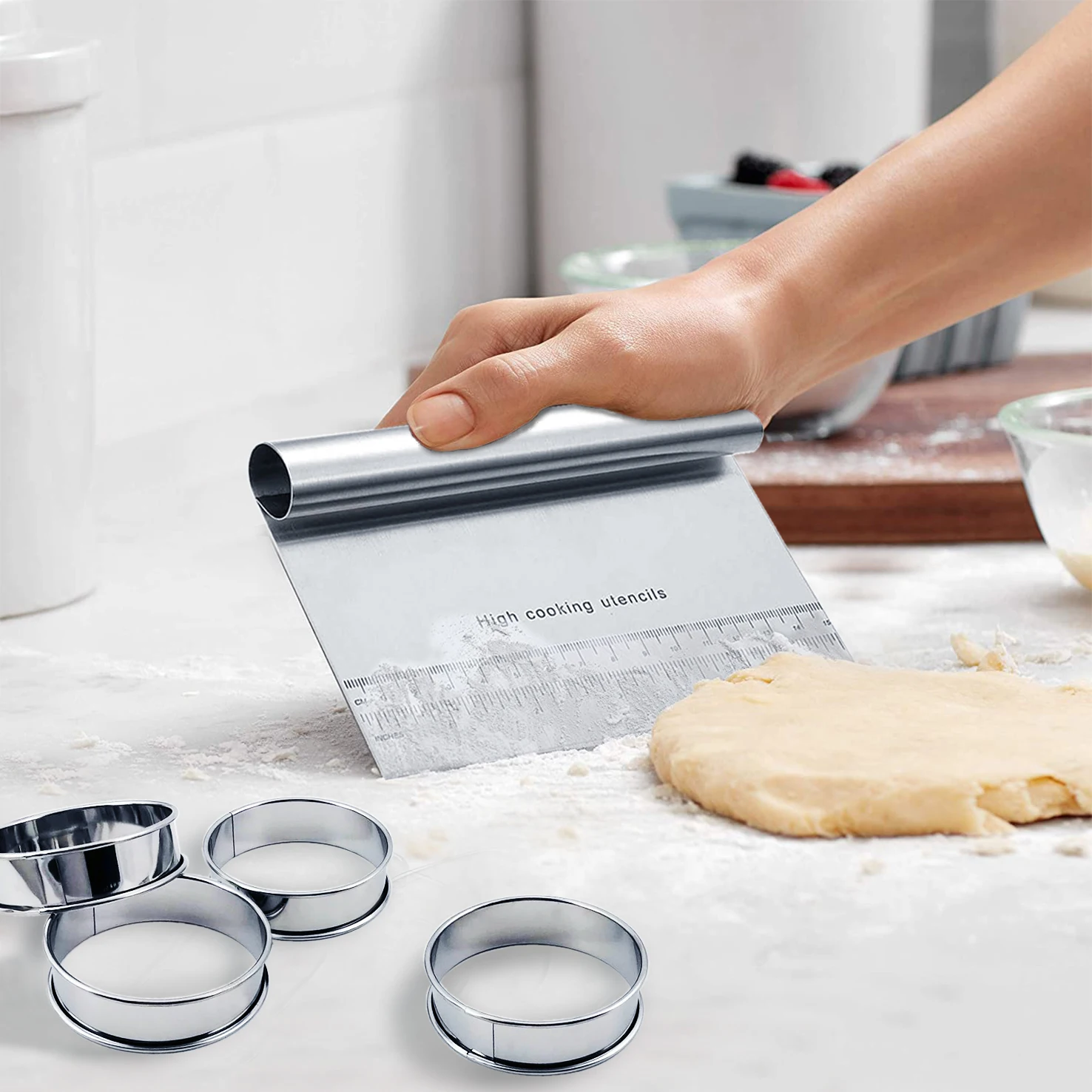 
E-PIN Stailess Steel Baking Utensil Set of 5, Frech Tart Ring and Dough Scraper set of 5 