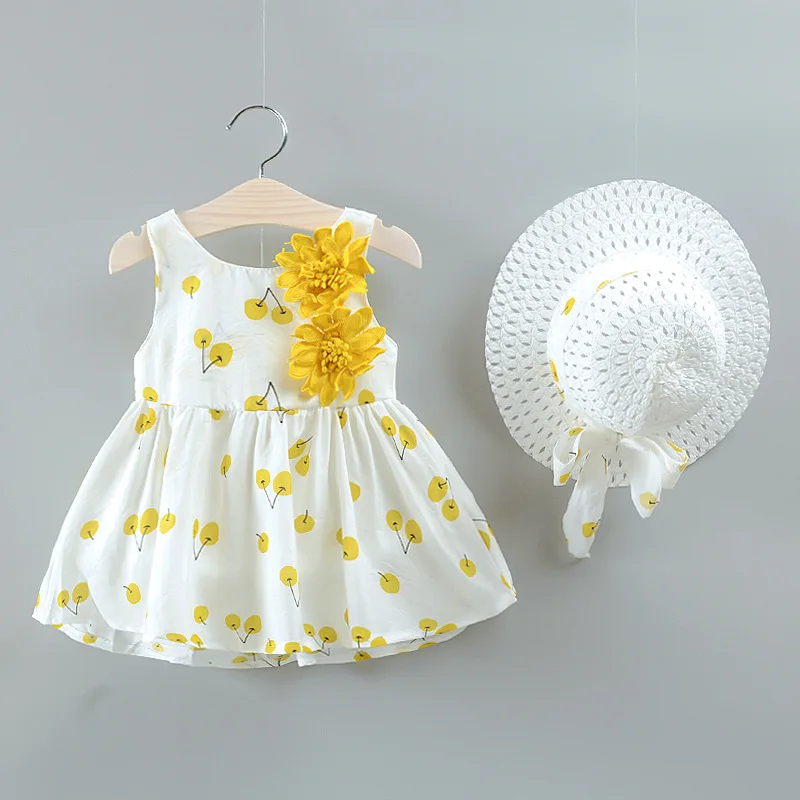 Hot Sale Boutique Cartoon Fancy Sleeveless Dresses Baby Dress Baby Girls Clothing Sets With Hat kids summer clothing