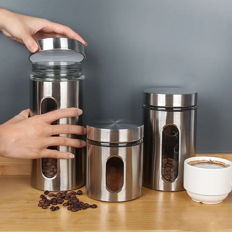 LIHONG Stainless Steel Visible Glass Storage Tank Coffee Beans Grain Sugar Metal Food Storage Canisters