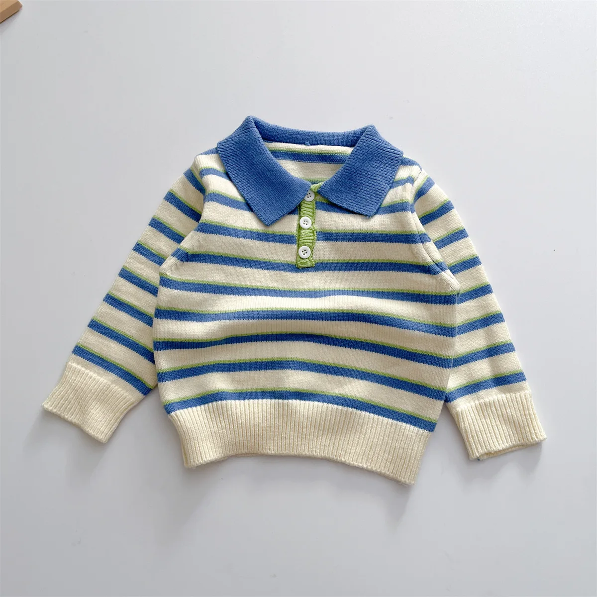 Blue Striped Knit Spring Fall Outfits Baby Long Sleeve Polo Collar Boys Knitted Sweater Jumpsuits