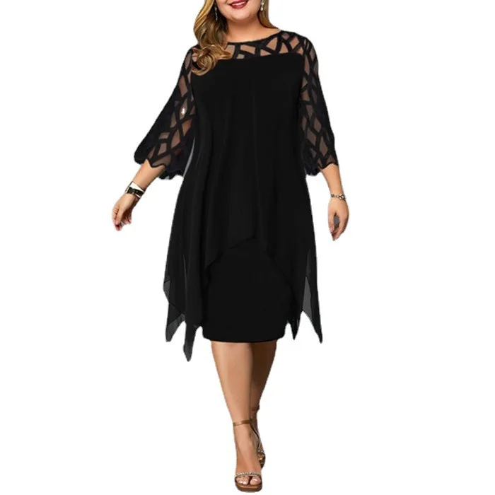 Wholesale European American Seven-Point Sleeve Irregular Hem Chiffon Dress with Lace Stitching Available on