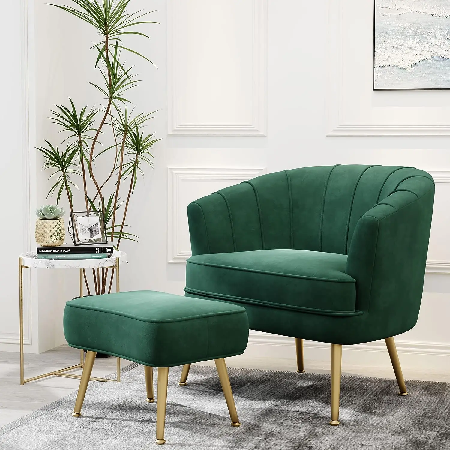 Velvet Accent Chair Ottoman Upholstered Modern Single Sofa Side Chair Living Room Armchair for Bedroom Living Office Furniture