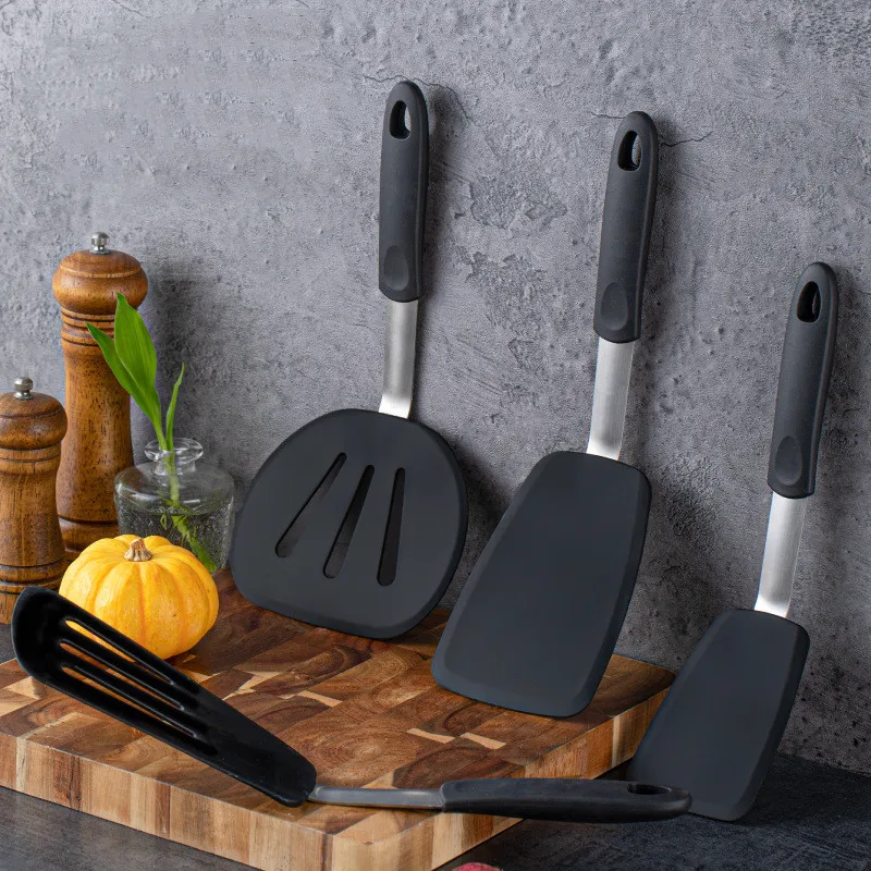 Silicone Multi-function Kitchenware Shovel Set With 430 Stainless Steel Rubber Handle Round Leaky Shovel Solid Shovel Set