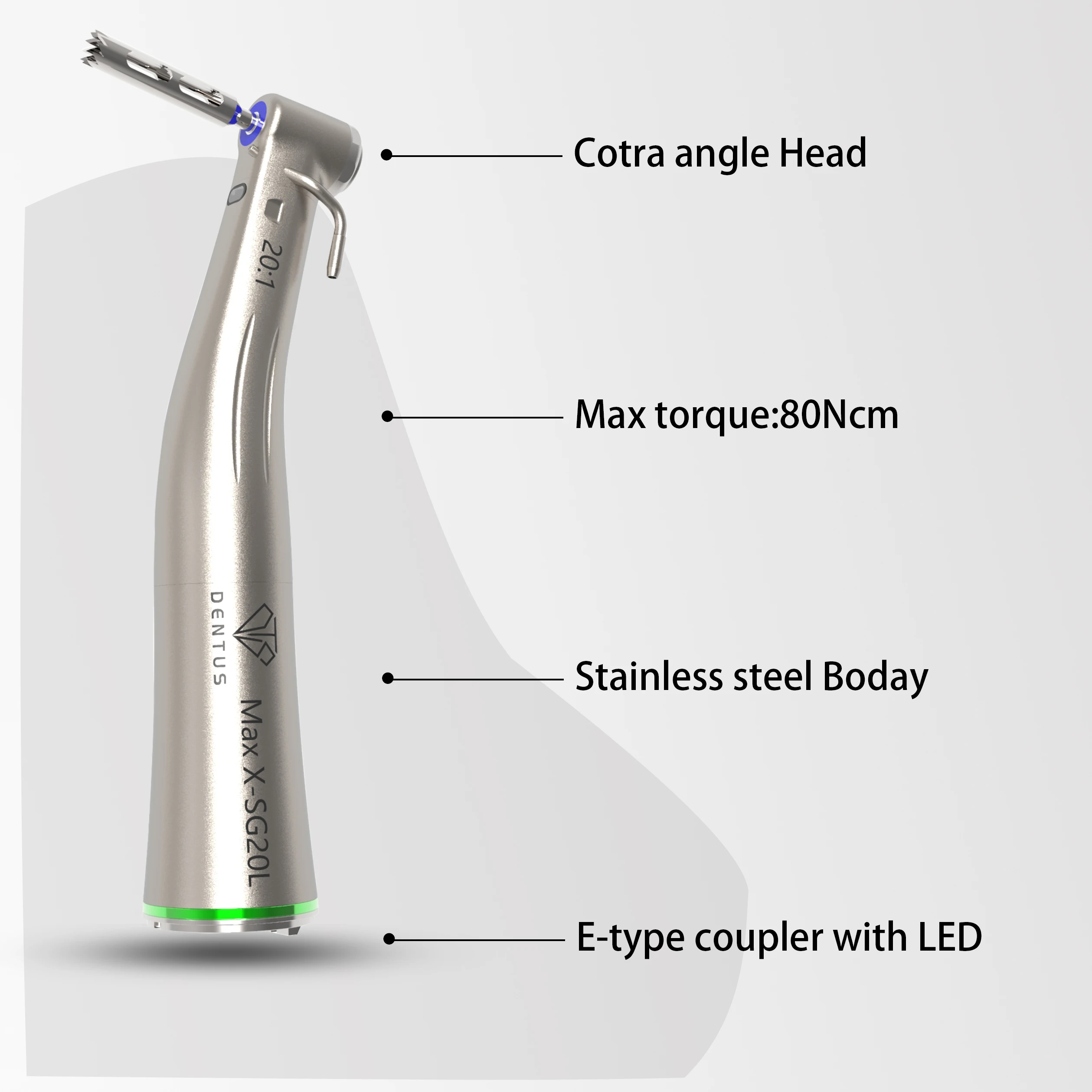 20: 1 SG20L Implant Contra Angle Reduction Dental Handpiece with E Type Connect Implant Motor Tools
