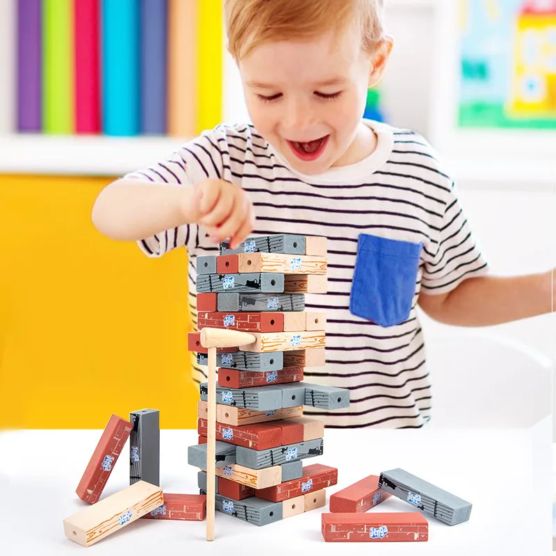 Factory New Design 49+40pcs Wooden Stacking Building Blocks Sets Tumbling Tower Toy Bricks  with Turntable and Game Idea