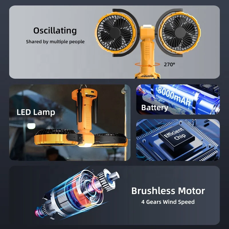 2024 New product F7300 double heads stand fan desktop outdoor camping rechargeable fans with LED, indoor table fans