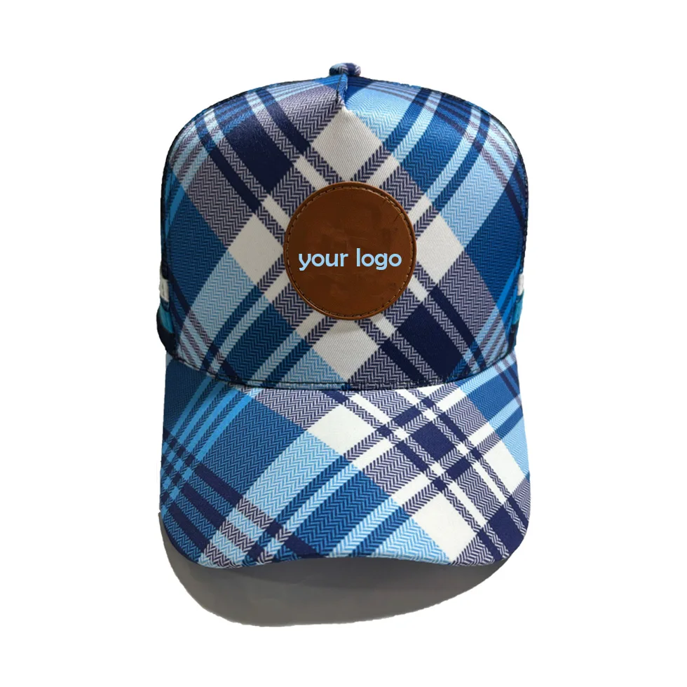 plaid sublimation covers full cap custom leather seal and sublimation fashion child size sports trucker caps