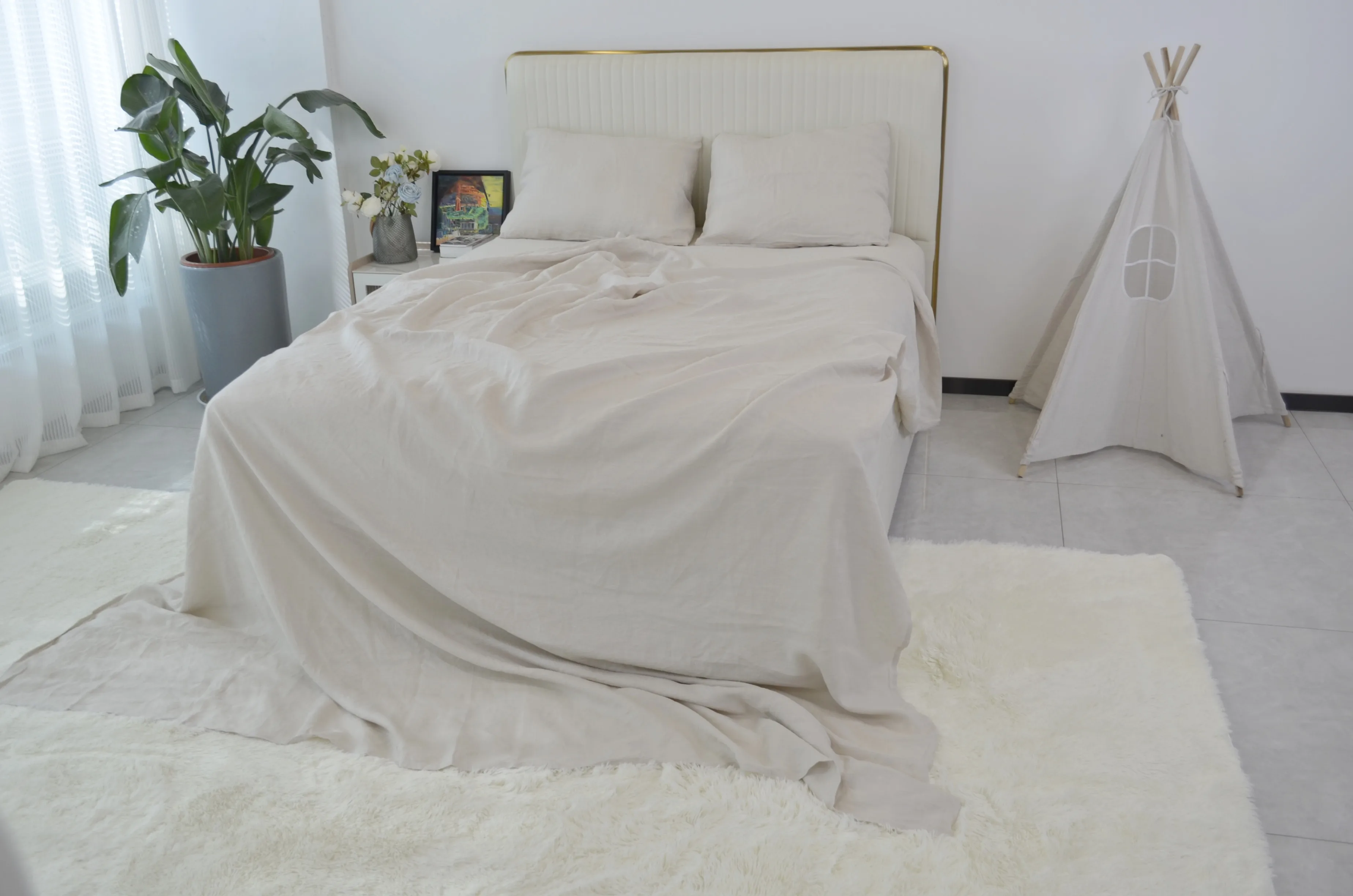 High Quality 100% Natural Pure Flax French Linen 4 Pc Bedding Set Tenceyocell Solid Color Bed Sheets Linen