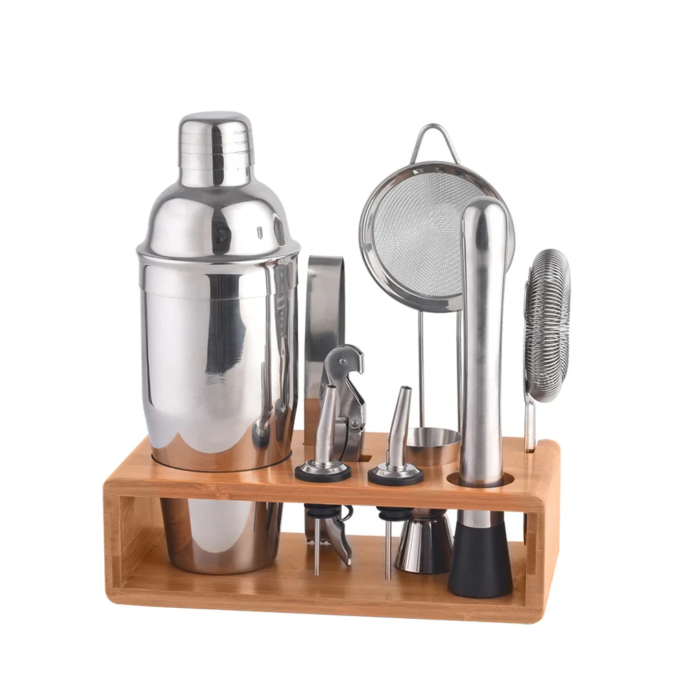 Professional Barware Tools Wooden Stand Travel Gift Stainless Steel Bartender Kit Bar Accessories Cocktail Shaker Set