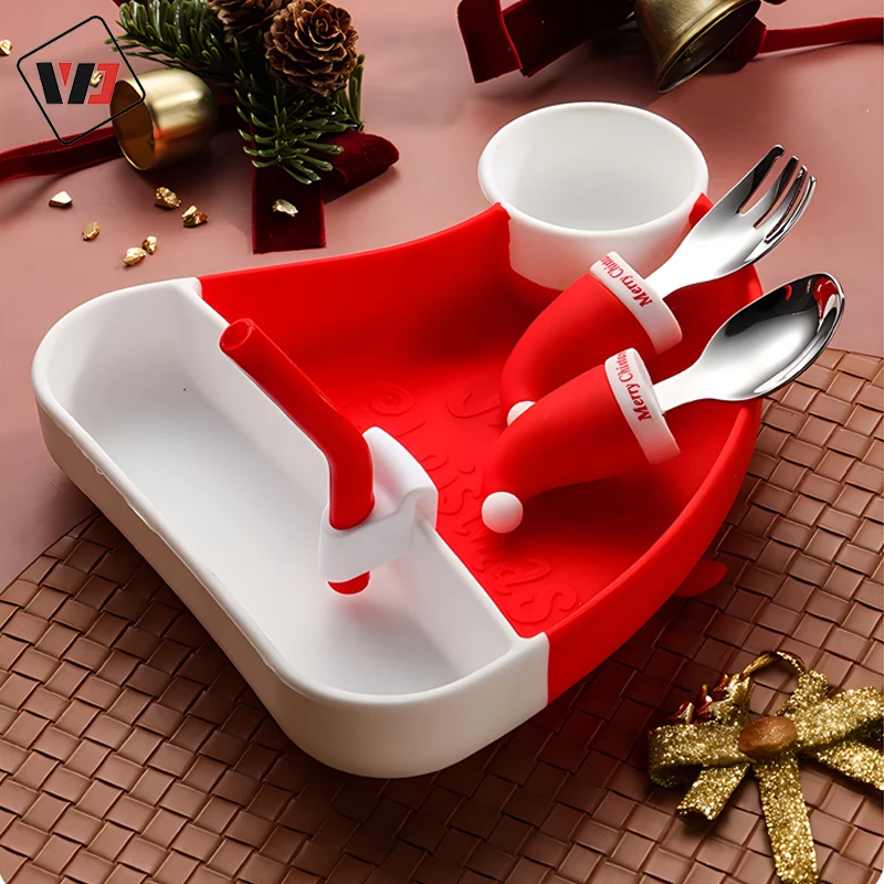 Low price cute with a spork and spoon christmas dinnerware set forks with rounded edges baby tableware silicone set