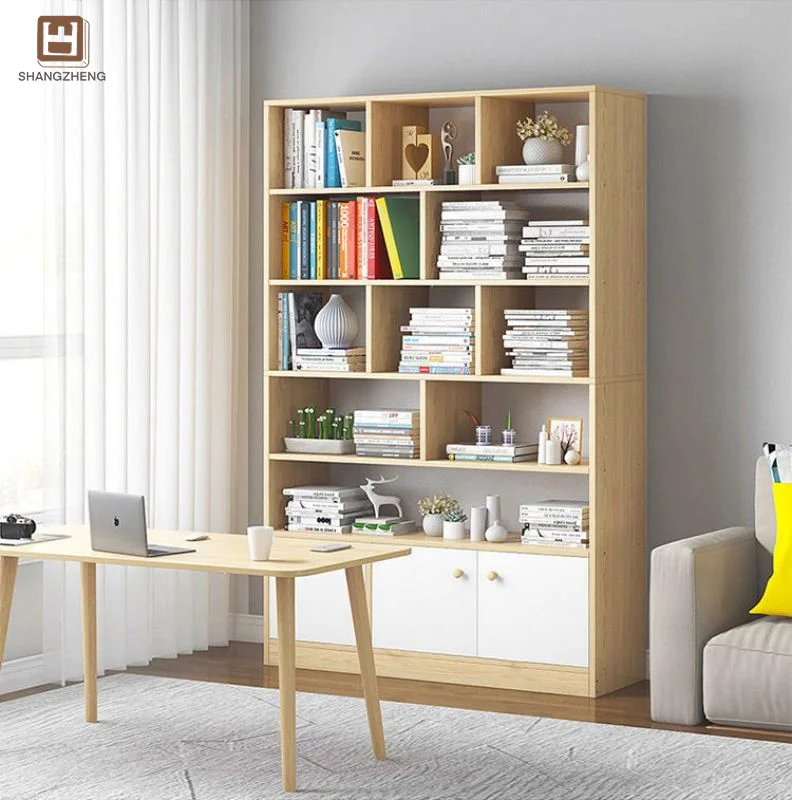 Modern Five-Tier White Melamine Wooden Bookshelf Extendable with Glass-Front Cabinets Decorative Accents for Apartment Workshop