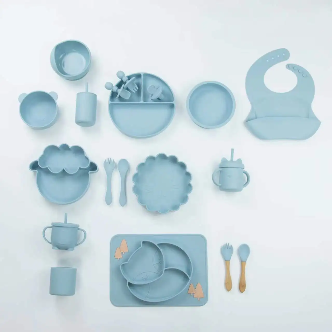 2021 High Quality Silicone Baby Feeding Set Kids Fox Shape Suction Plate Bowl with Bib Spoon Fork