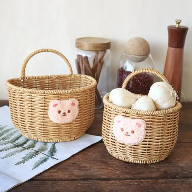 Ginger garlic storage basket Cartoon bear kitchen rattan woven basket hanging storage box
