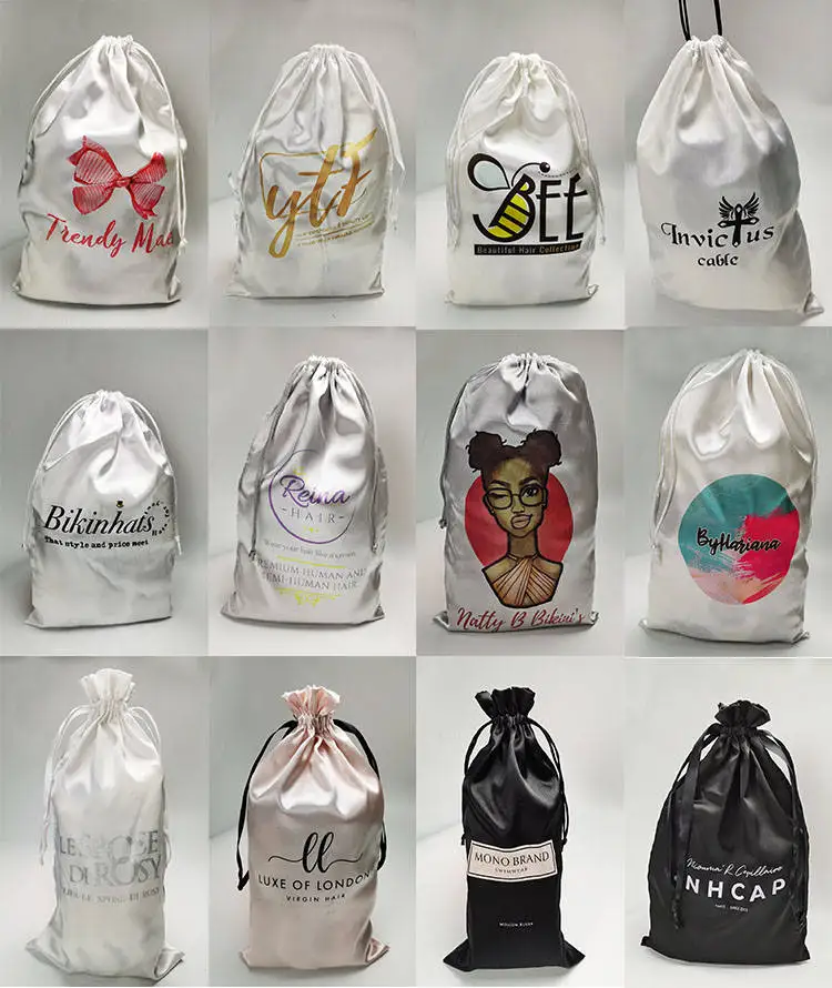 Wholesale price silky satin custom logo drawstring bag for bundles