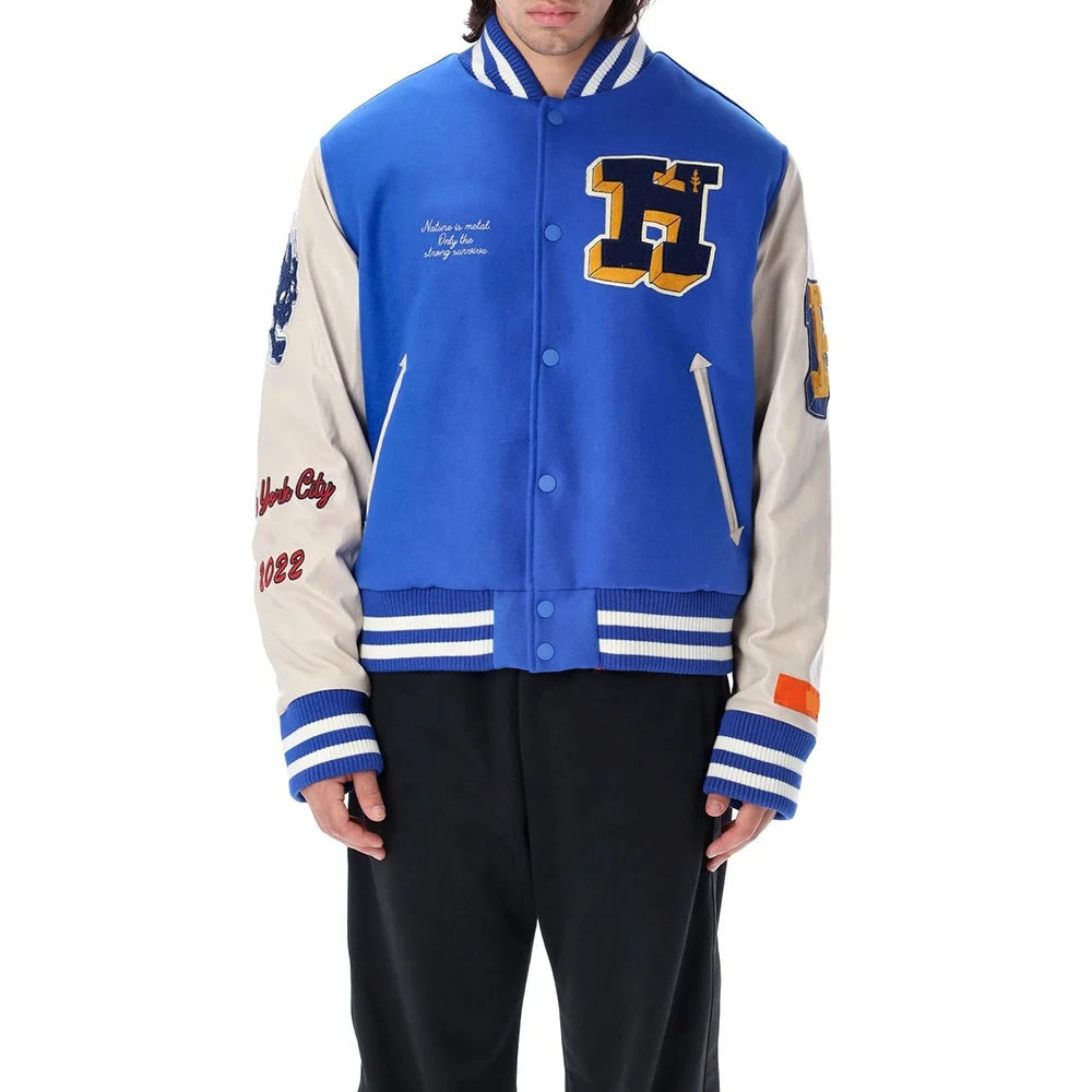 Роскошные шерстяные бейсбольные куртки Letterman с логотипом на заказ мужские винтажные синие и желтые кожаные вышивкой